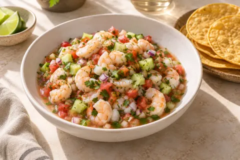 Ceviche generado con IA: fotografía de prueba M2, no corresponde a un restaurante real.
